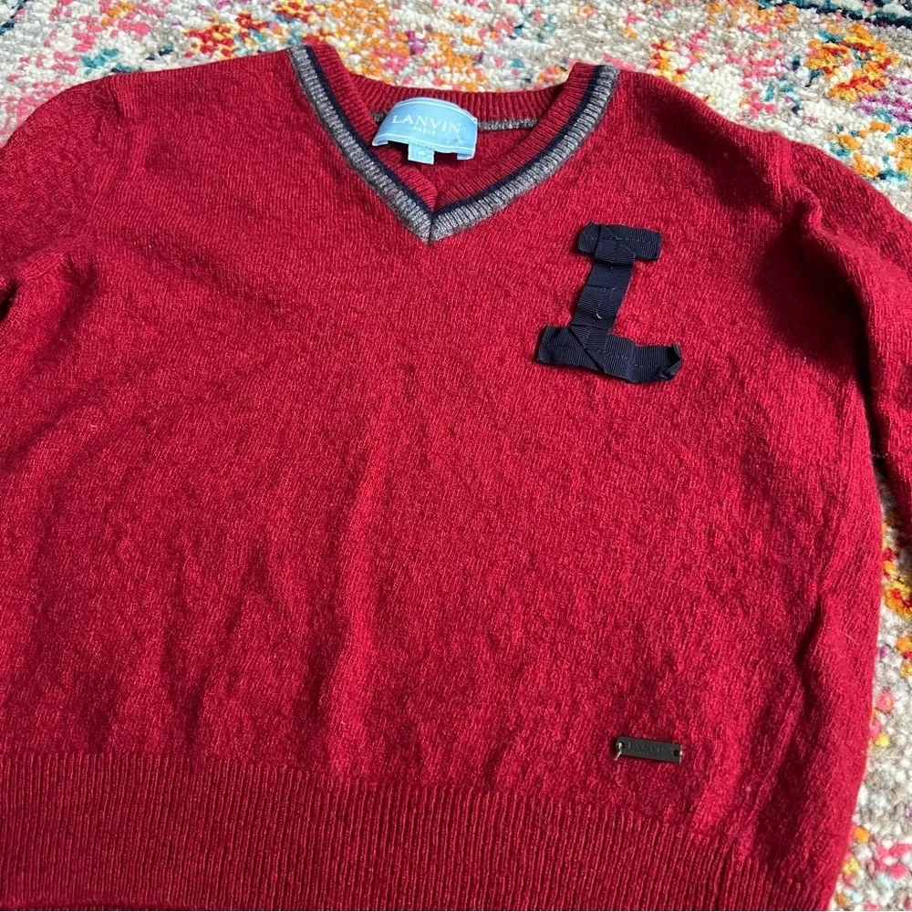 Kids Lanvin Letterman Wool Red Blue Vneck Sweater‎